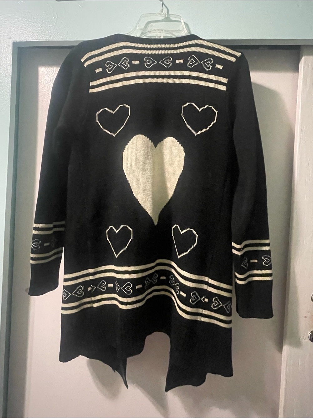 Black & Cream Heart Knit Open Sweater Cardigan
